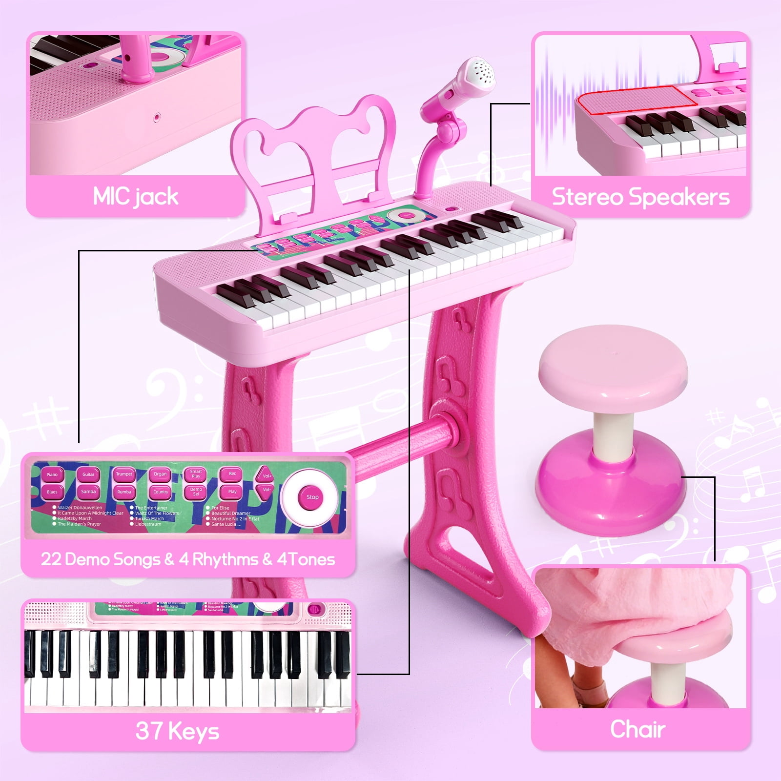 WLBES Piano Toy, Toddler Keyboard, 37 Keys Toddler Keyboard Piano with Stand, Stool & Music Sheet, Ideal Birthday Gift for 3-9 Year Old Kids Musical Instrument Toy, Party Performance Prop