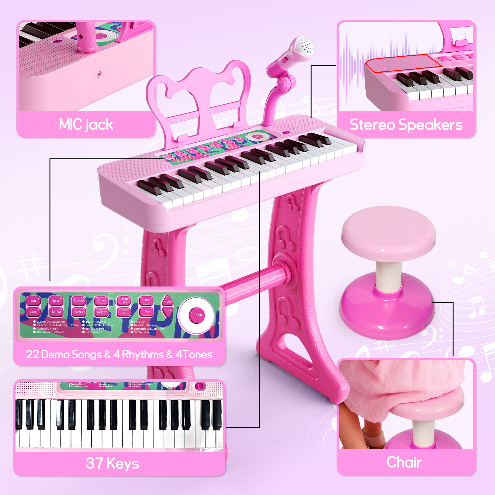 WLBES 37-Key Kids Piano with Stool and Microphone photo 8