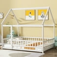 thumbnail image 2 of LOOM Full Size House Floor Wooden Bed with Roof Frame,Safety Guardrails,Whtie, 2 of 9