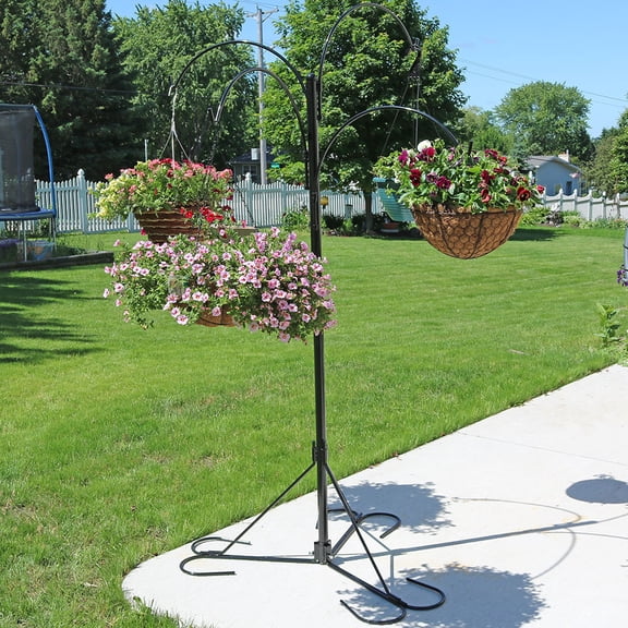 Sunnydaze Black Steel Hanging Basket Plant Stand with Adjustable Arms