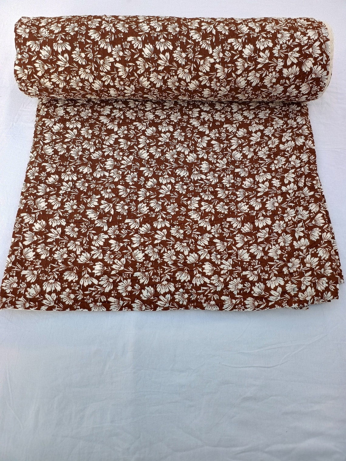 Cotton Kantha Quilt Nature & Floral Hand-Stitched Bedspread – King Size 108 x 108 Inches – Vegetable Dyed, Breathable Reversible Blanket