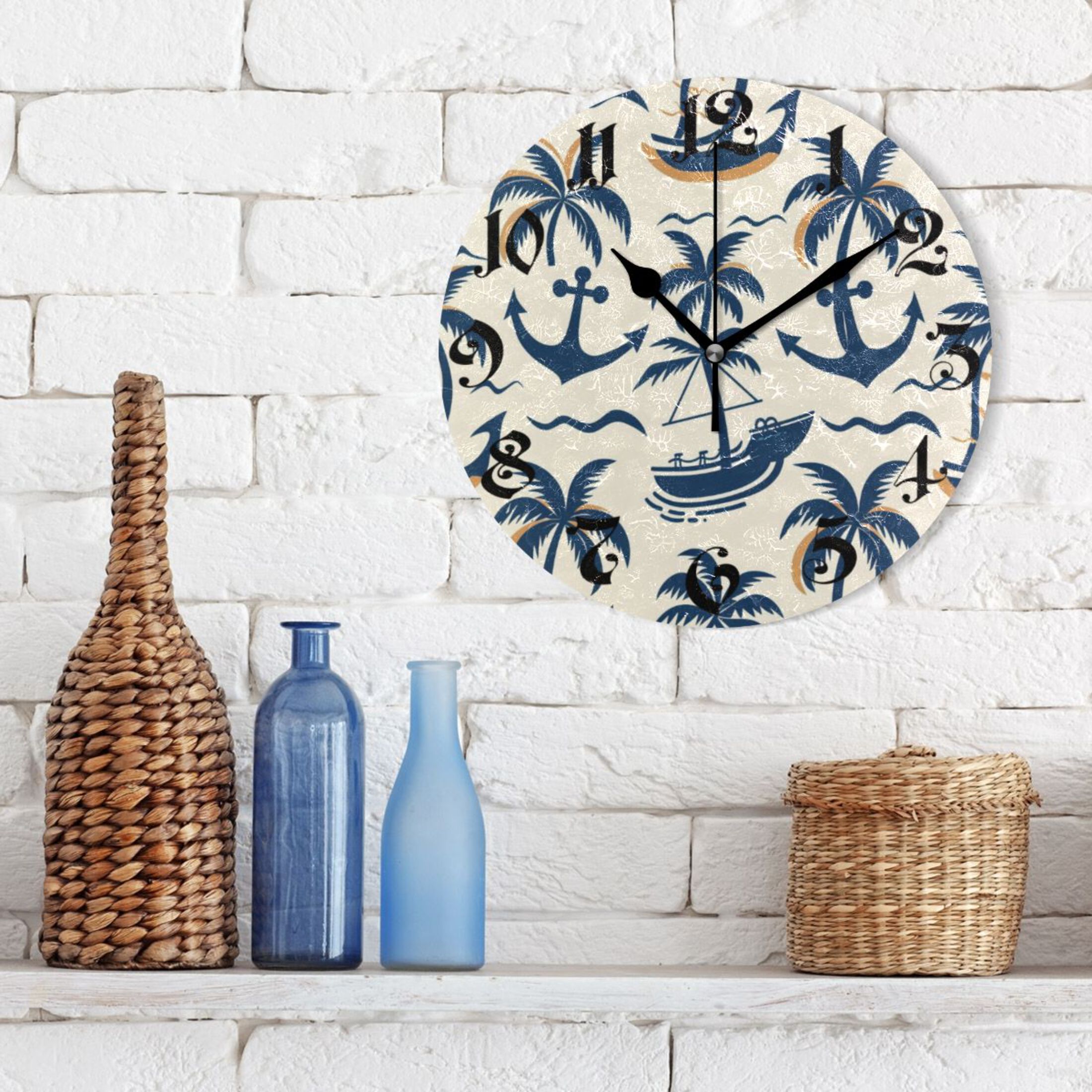 10 Inch Decorative Wall Clock - Rustic Palm Tree Design, Battery Operated & Silent | Wooden Clock For Living Room, Bedroom, Office