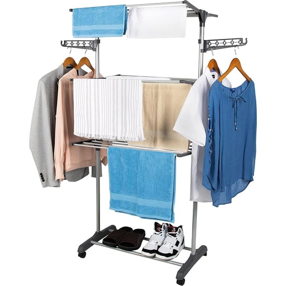 AKASENKO Tendedero Plegable de 3 Niveles,Tendedero de Ropa Plegable Vertical,Soportes Tendederos, Percha móvil con alas Plegables y Ruedas,Tendedero Retráctil,Portátil