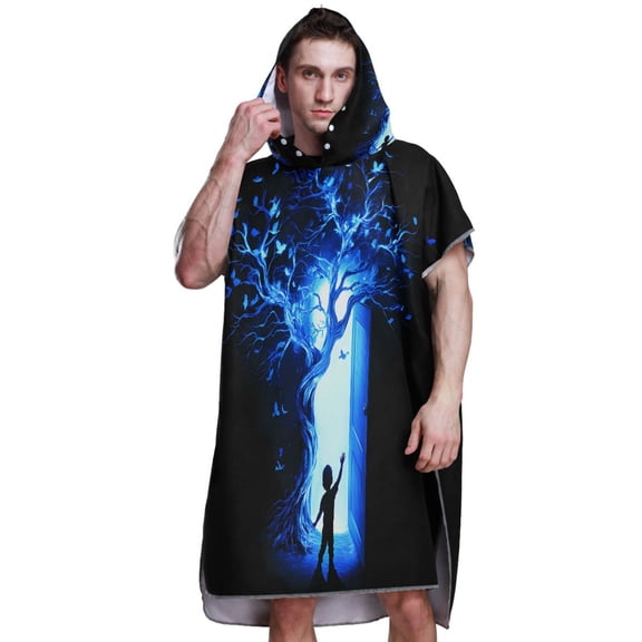 Hooded Beach Towel Adult Bath Poncho Towels Soft Absorbent Quick Dry for Surf Swim Pool Men Women Teens Child Blue Tree Door