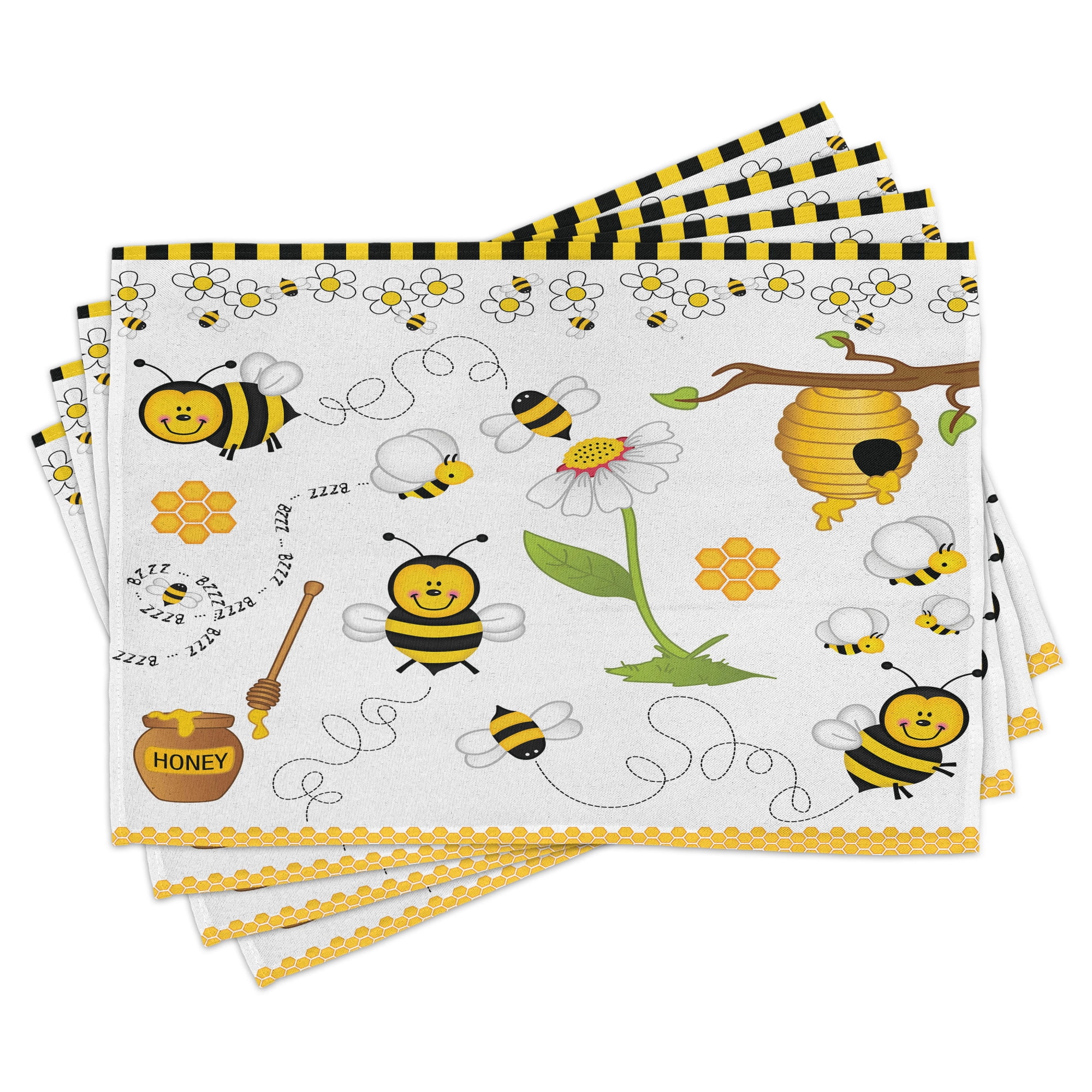 Collage Place Mats Set of 4, Flying Bees Daisies Honey Chamomile