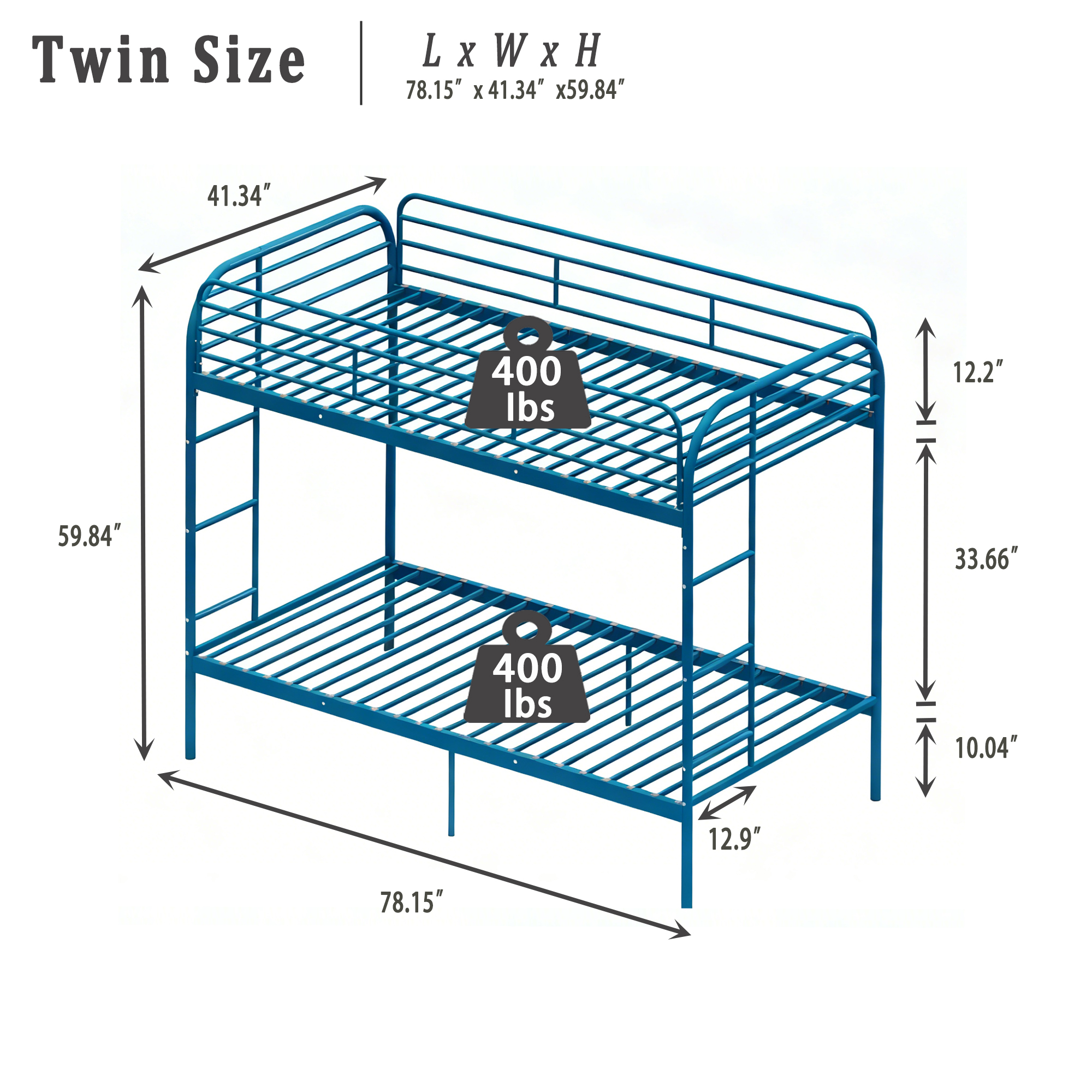 Mintazer Twin Over Twin Metal Bunk Bed, Heavy Duty Bunk Bed Frame with Guardrail & 2 Ladder, Blue