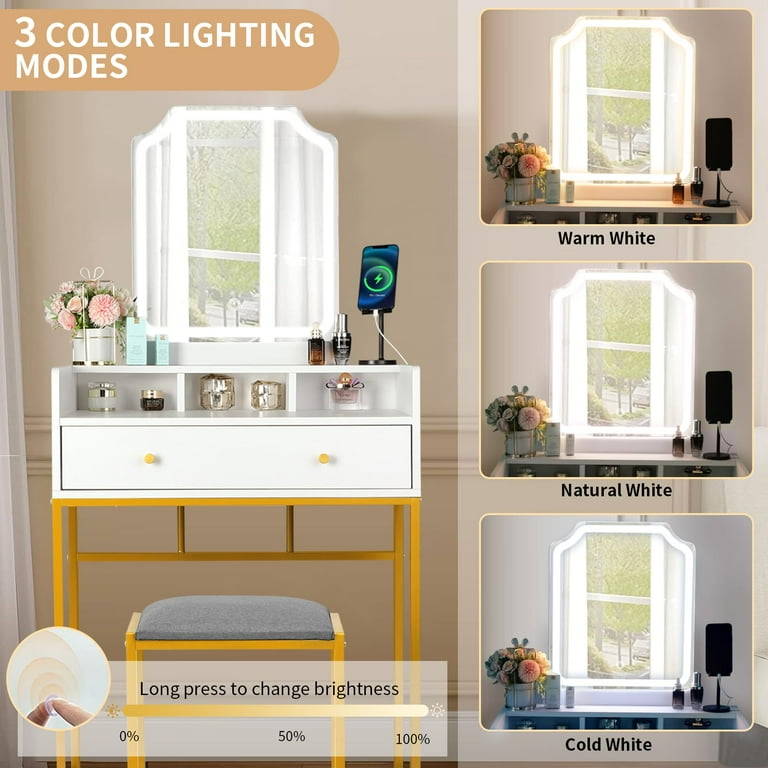 Makeup Vanity Desk with Lighted Mirror 3 Color Dimmable Table Set for Bedroom with Power Outlet Drawer Cushioned Stool White