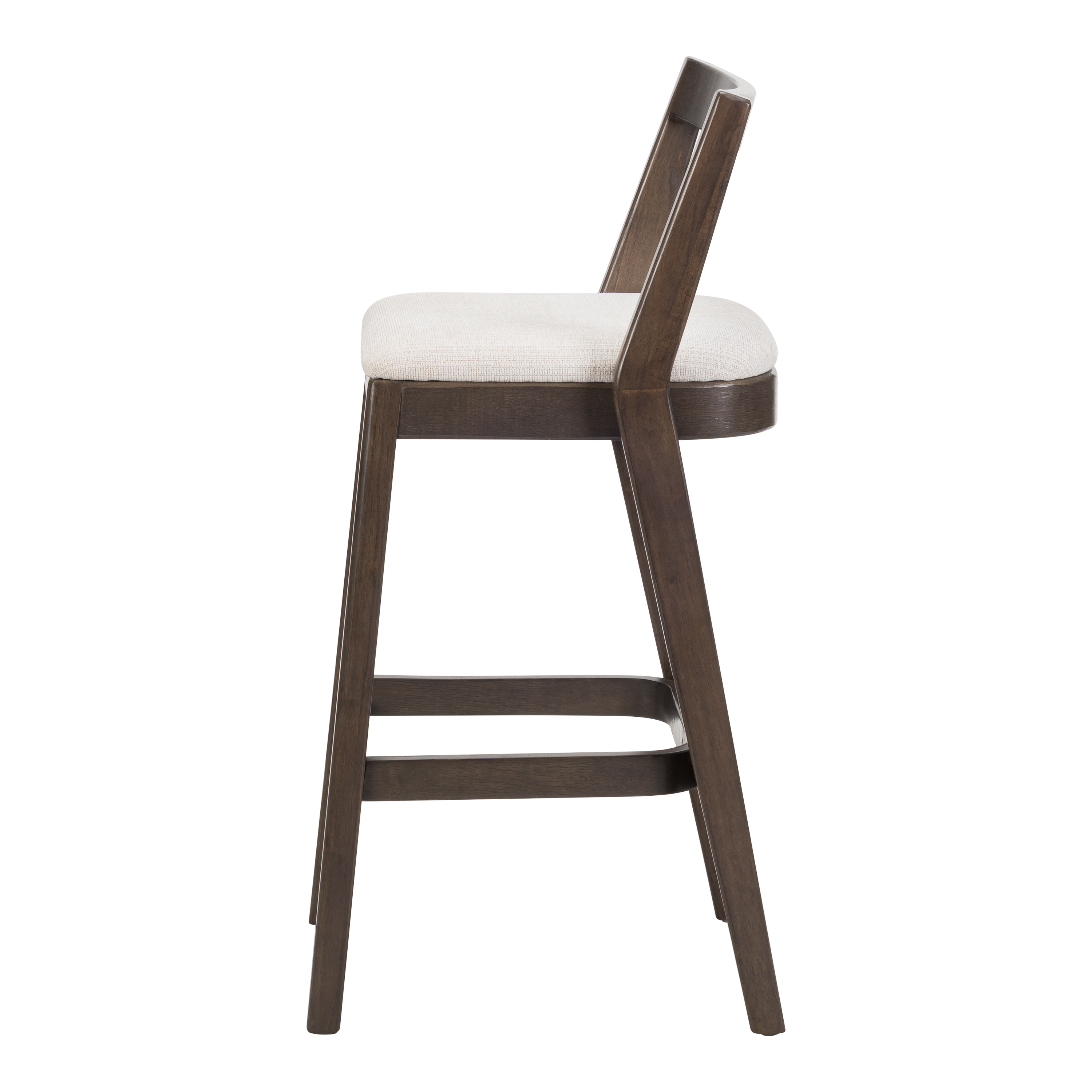 Counter Height Bar Stools, Rubberwood Stools with Beige Polyester Fabric Seat and Dark Brown Finish, Farmhouse Dining Stools for Kitchen, Breakfast Nook, Cafe, Set of 2