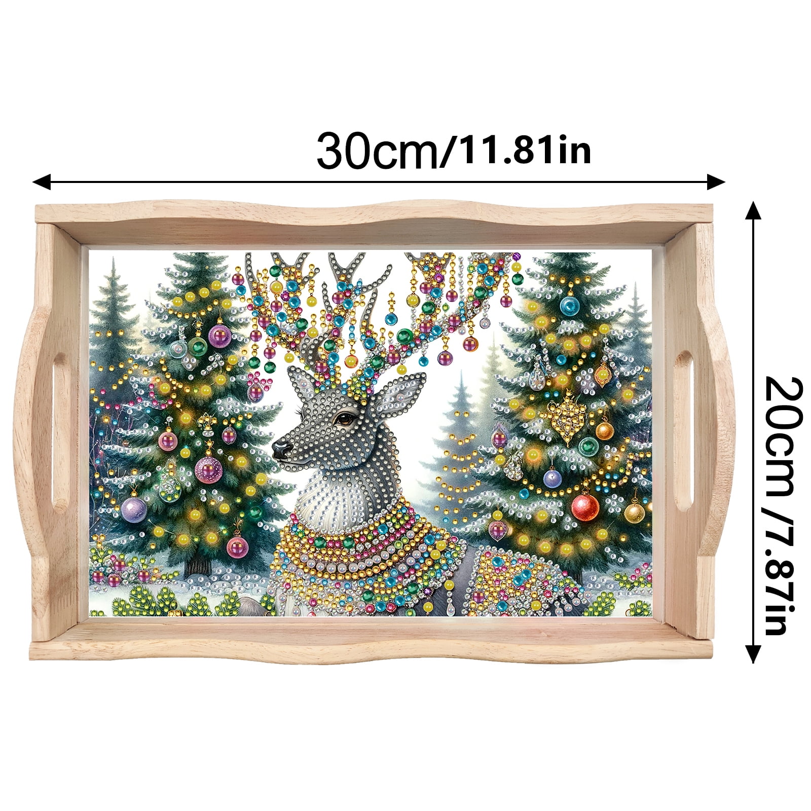 FLOPESN DIY Diamond Art Painting Handmade Wooden Tray,Creative Design Serving Dinner Plate for Coffee Living Room Home Organizer-Christmas Elk