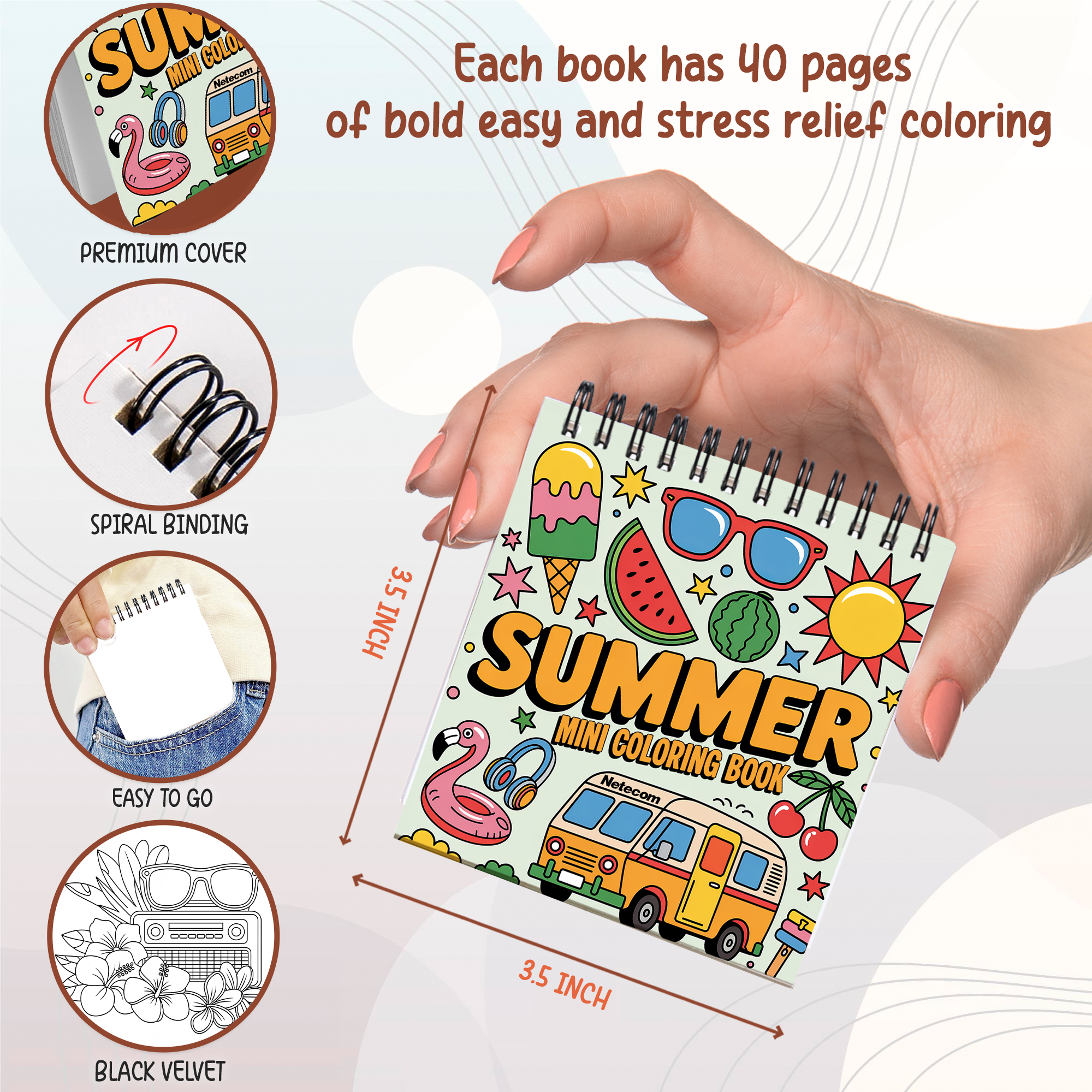 Cozy-Themed Mini Coloring Book Spiral Bound for Adult, Pack 6, 3.5” x 3.5” Pocket Size, 40 Coloring Pages Stress & Anxiety Relief, Travel for Women Men