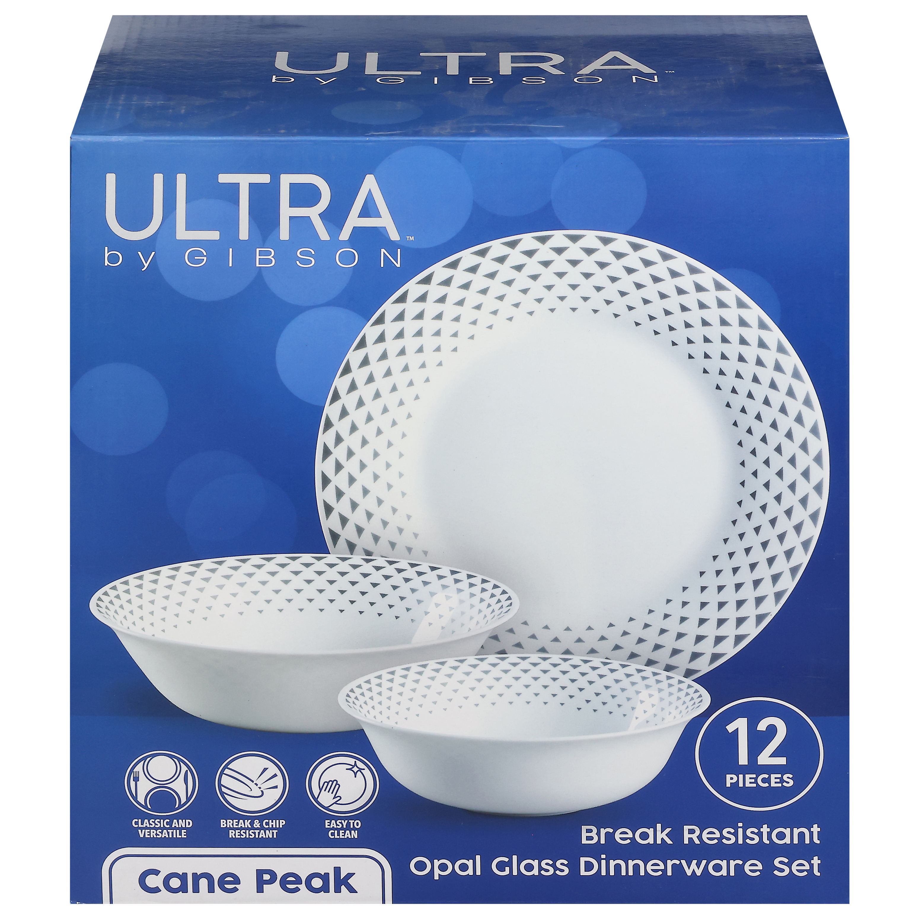 Ultra by Gibson 138949.12 Cane Peak Opal Glass Dinnerware Set with Grey Accents, White - 12 Piece