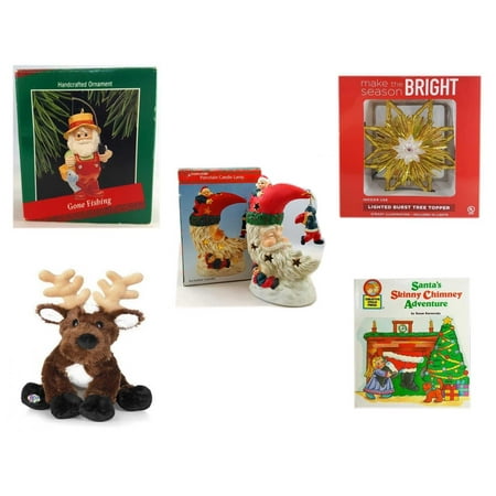 Christmas Fun Gift Bundle [5 Piece] - Hallmark Gone Fishing Handcrafted Ornament - Deck The Halls Lighted Burst Gold Tree Topper - A Treasury of Gifts Santa Moon Porcelain Candle Lamp - Soft &
