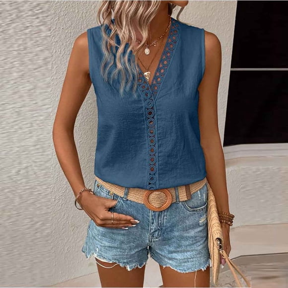 Brqkzdu Womens Tank Tops Hollow Out Patchwork V Neck Sleeveless Shirts Summer Casual Comfy Loose Beach Vacation Tanks