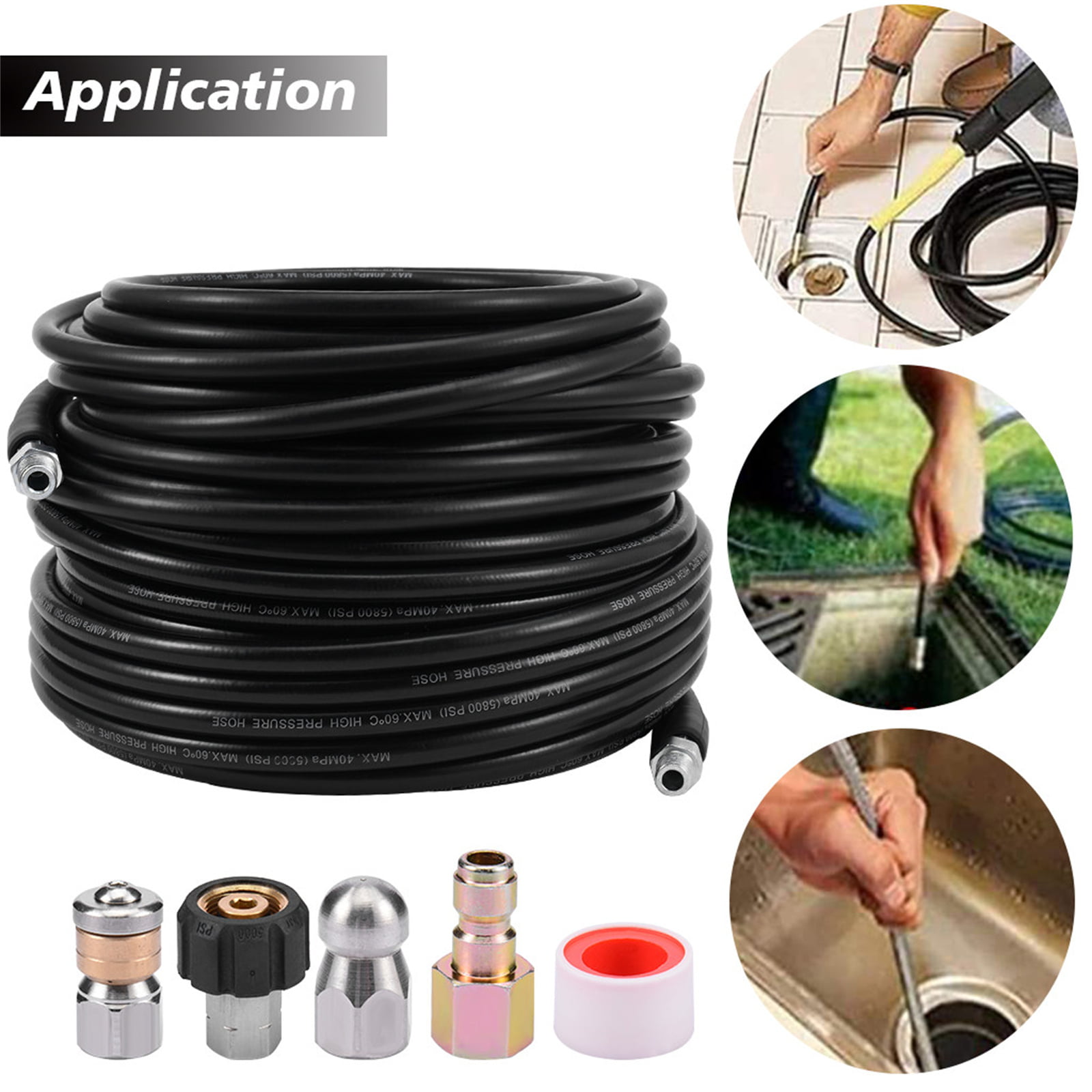 50FT Sewer Jetter Nozzles Kit for Pressure Washer 1/4 Inch NPT 5800 PSI 