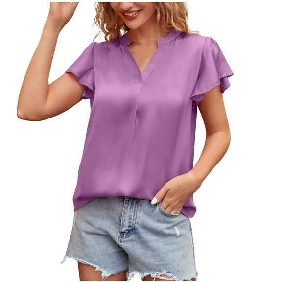 Women's V Neck Blouse Short Ruffle Sleeve Ladies Work Shirts Solid Color Casual Comfy Summer Tops Office Blouses Tunics