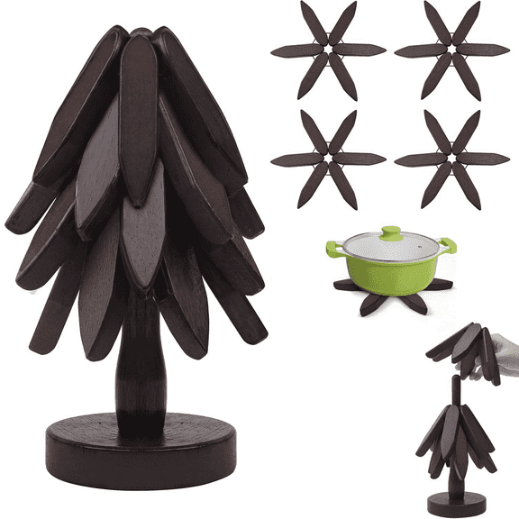 4PCS Wooden Tree Coasters   1 Storage Stand (Brown) - Heat-Resistant Trivets for Hot Pots/Bowls/Teapots