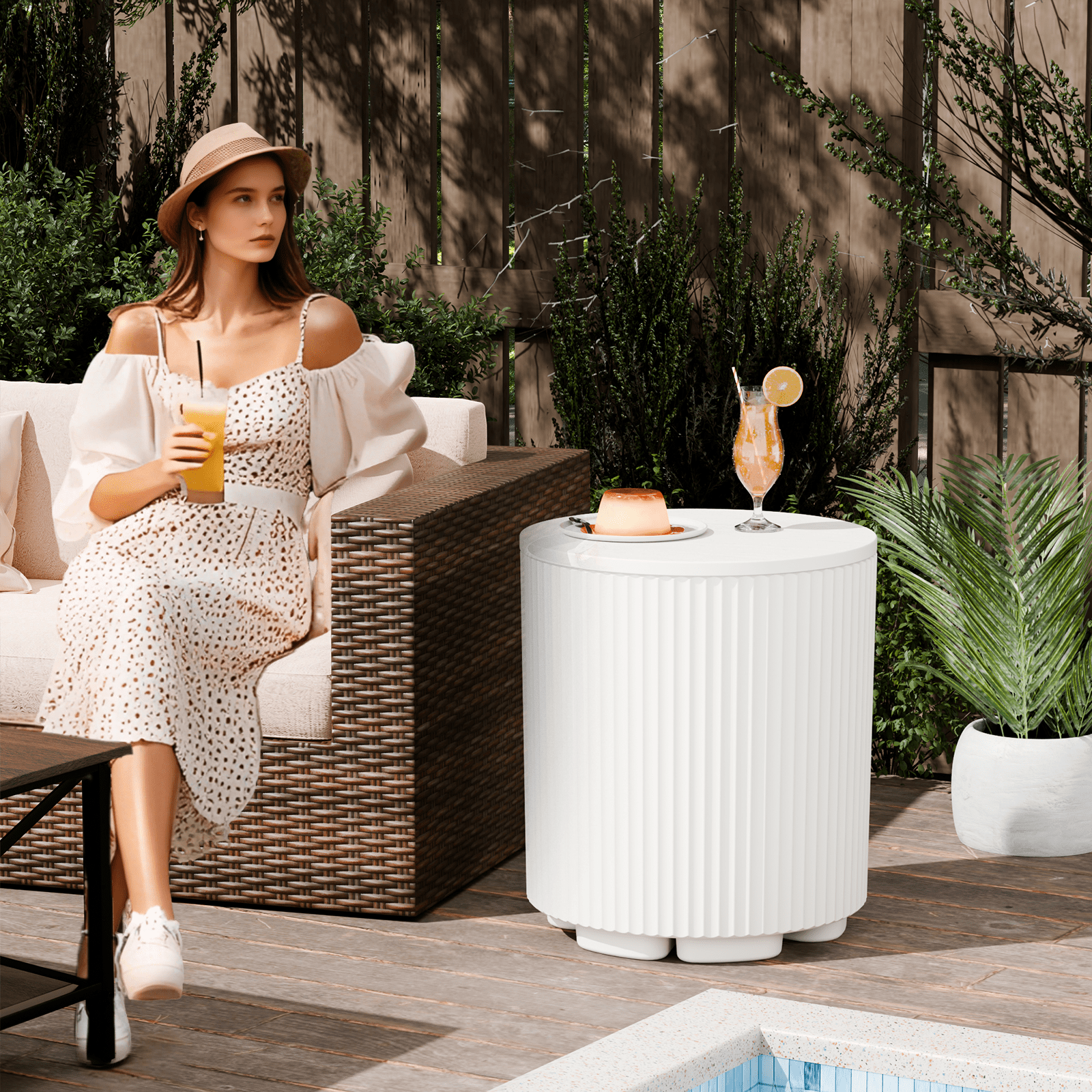 Chiccushion Outdoor Cooler Side Table, Portable Ice Bucket with Lid, Patio Table and Ice Chest Storage for Party, Poolside, Deck, White
