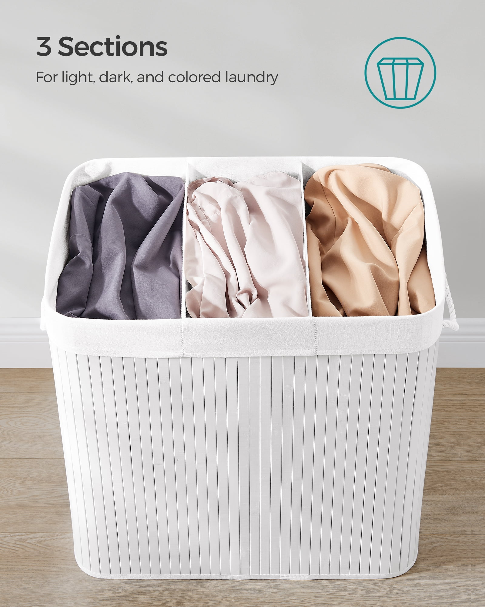 SONGMICS 39.6 Gallons Laundry Hamper, 3-Section Laundry Basket, Laundry Hamper with Lid, Bamboo, Foldable, Removable and Machine Washable Liner White