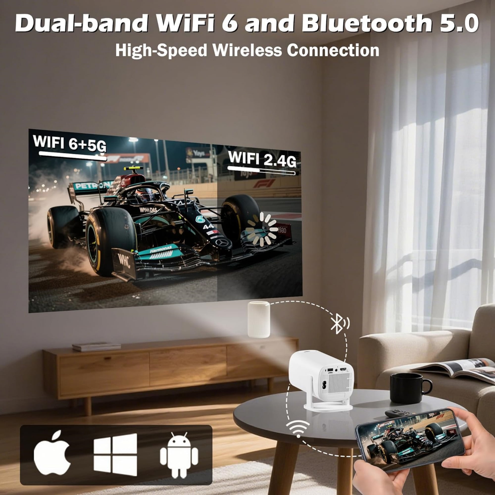BDQ Smart 4K Mini Projector with Android 11, WiFi 6 & BT 5.0, Auto Keystone, 180° Rotatable, Portable Outdoor Movie Projector