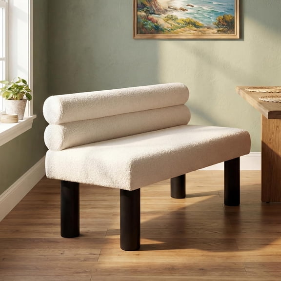 Upholstered Boucle Dining Bench with Backrest Farmhouse Entryway Bench with Rubber Wood Legs Long Indoor Bench for Bedroom Living Room End of Bed Dining Room Seating, Beige
