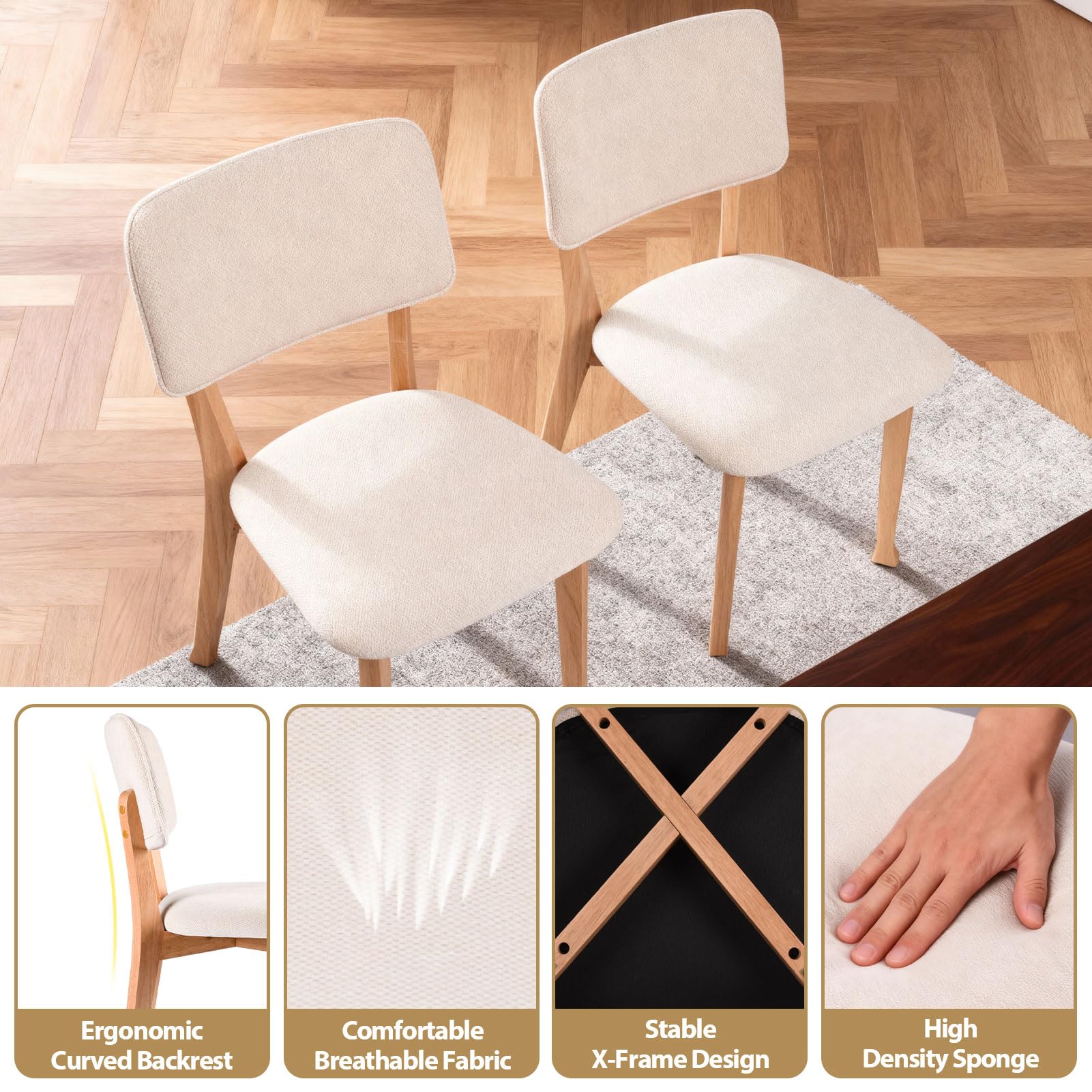 Wooden Dining Chairs Set of 2, Fabric Upholstered Kitchen Chairs with Curved Backrest, 300LBS Capacity