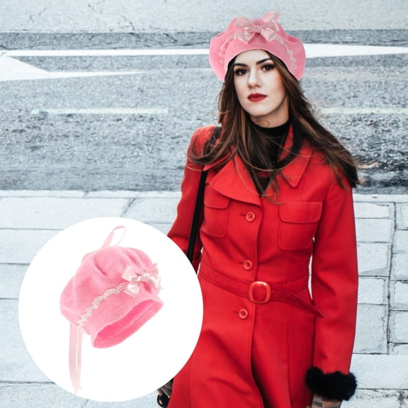 KONTONTY 1Set Pink Wool Beret Hat Lolita Style for Women Winter Wear