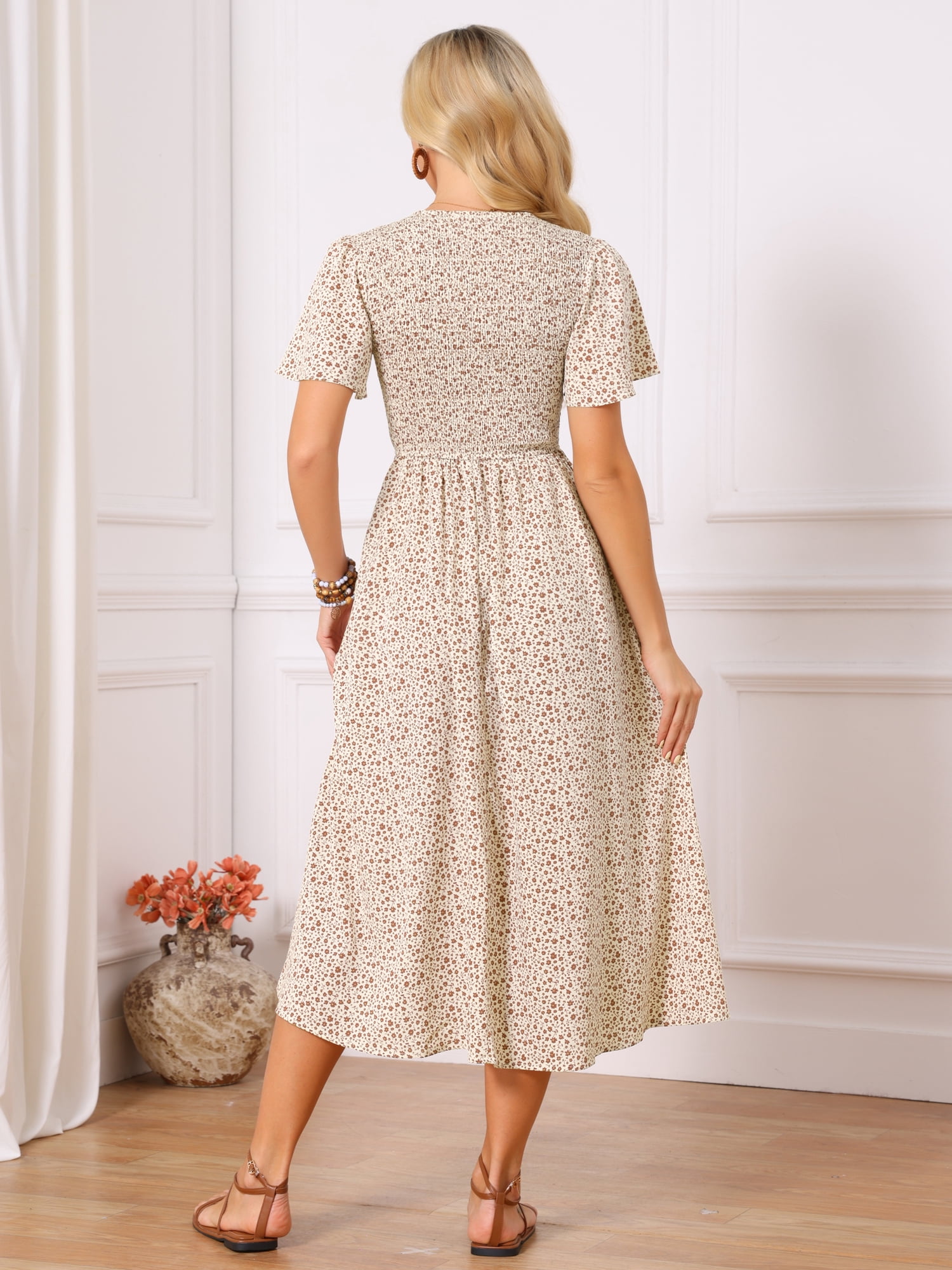DARING DIVA Women's Floral Midi Flutter Short Sleeve V Neck A Line Dress XL Apricot
