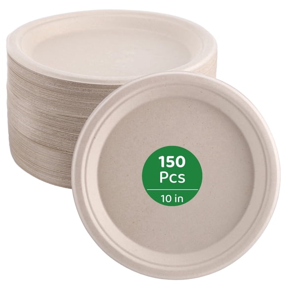 150 Pcs 10 in Paper Plates, Disposable Dinner Plates, Natural Sugarcane Pulp Round Trays, Heavy-duty Leakproof Food Trays for BBQ, Party, Buffet, Picnic