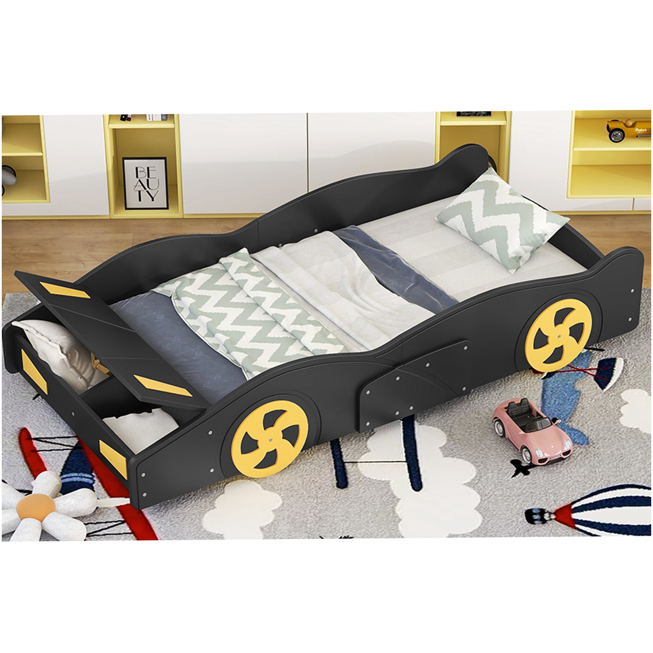 Twin Size Race Car Bed Frame with Storage & Wheels, Black & Yellow Modern Platform Bed