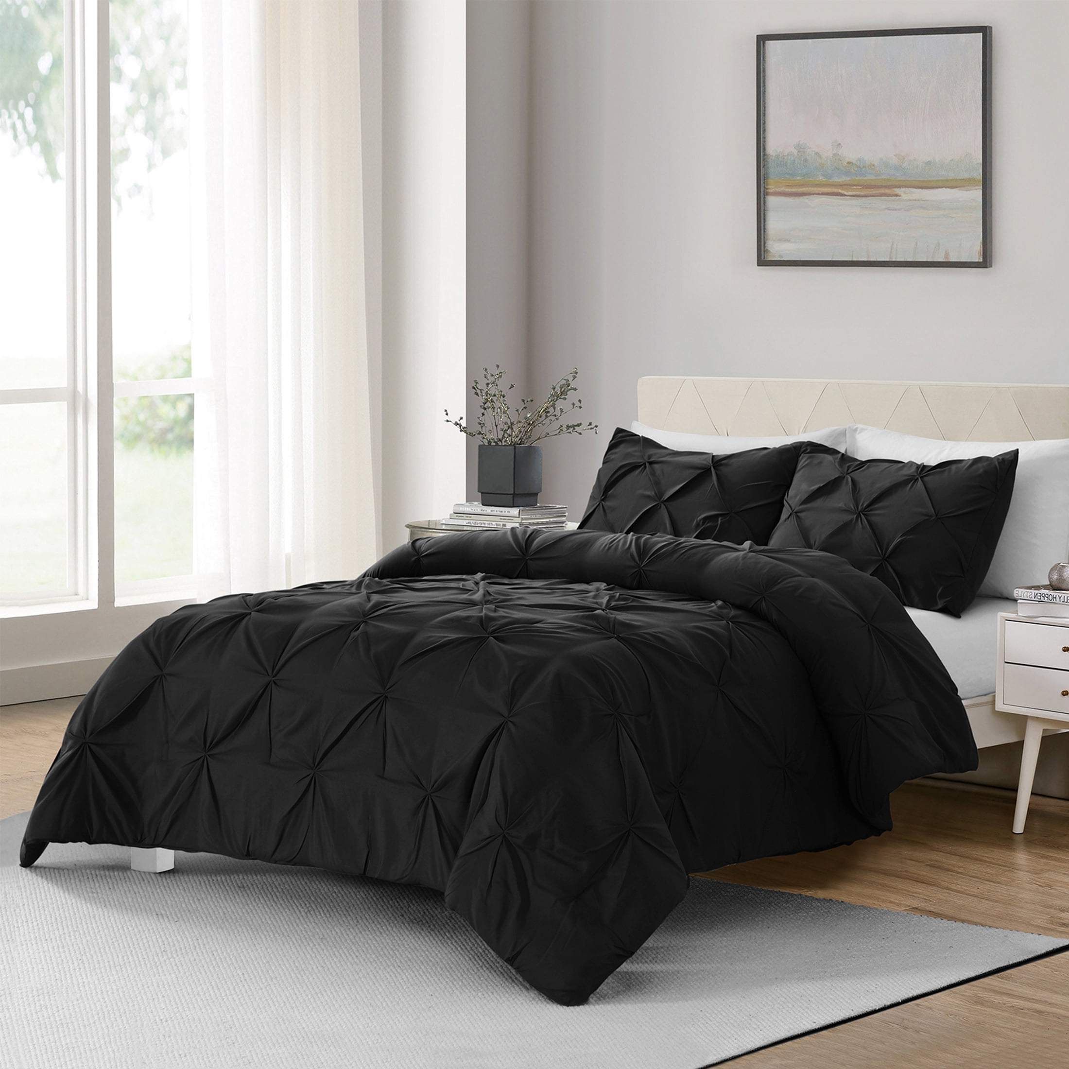 Bourina Comforter Set, 3-Piece, California King, Pleated Wrinkle-Resistant Microfiber Bedding, Black, All-Season