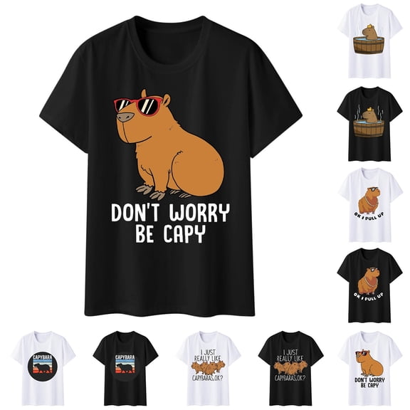 QHWAUAKFBN Womens T Shirts Graphic Fun Graphic Capybara Selfie Cute Cartoon Printed Multi Color Tshirts Top