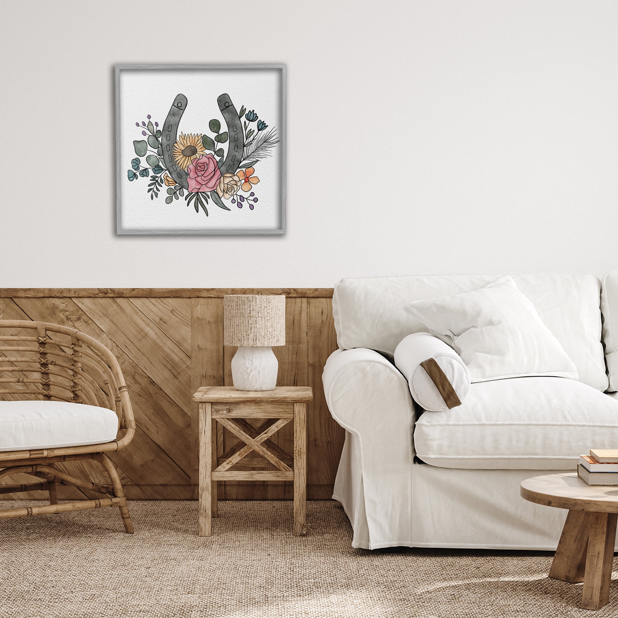 Stupell Industries Boho Floral Horseshoe Gray Framed Giclee Art, design by Alisha Kiara Design