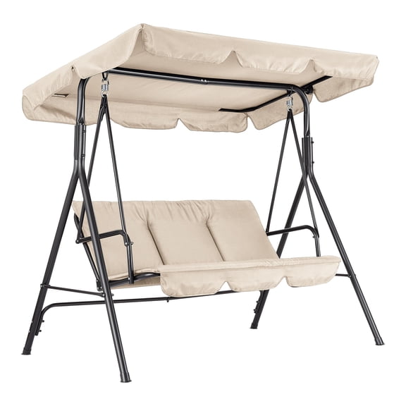 JustSmart 3-Seat Porch Swing, Heavy Duty Steel Garden Patio Glider with Adjustable Canopy & Cushions, Khaki