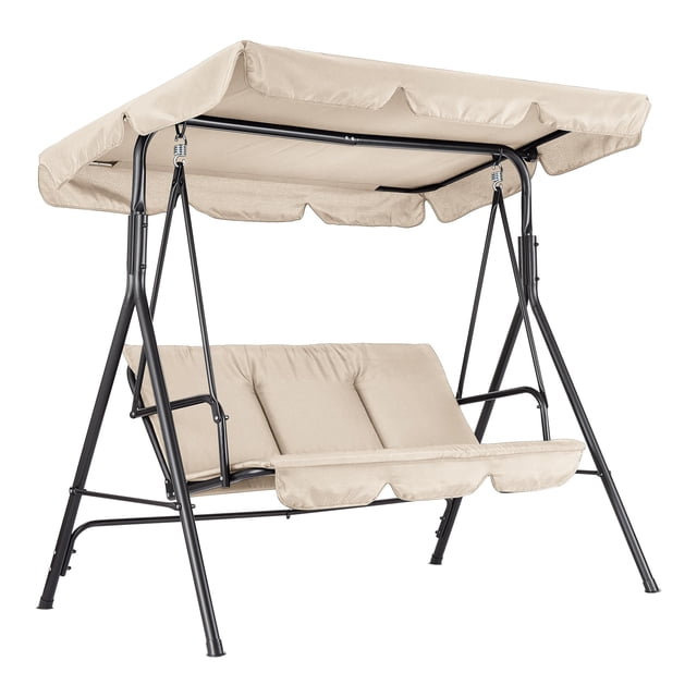 Yeshouse Silla columpio de patio de 3 plazas con toldo ajustable y cojines gruesos e impermeables, columpio de exterior con estructura de acero para jardín, césped, patio trasero o porche delantero