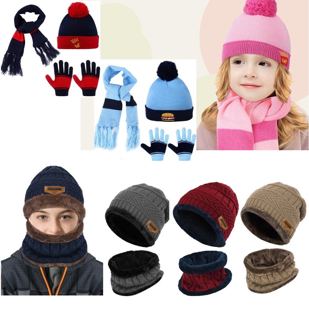 Kids Winter Beanie Hat Mittens Set Warm Fleece Hat Baby Toddler Knitted Hat & Gloves for Boys Girls 