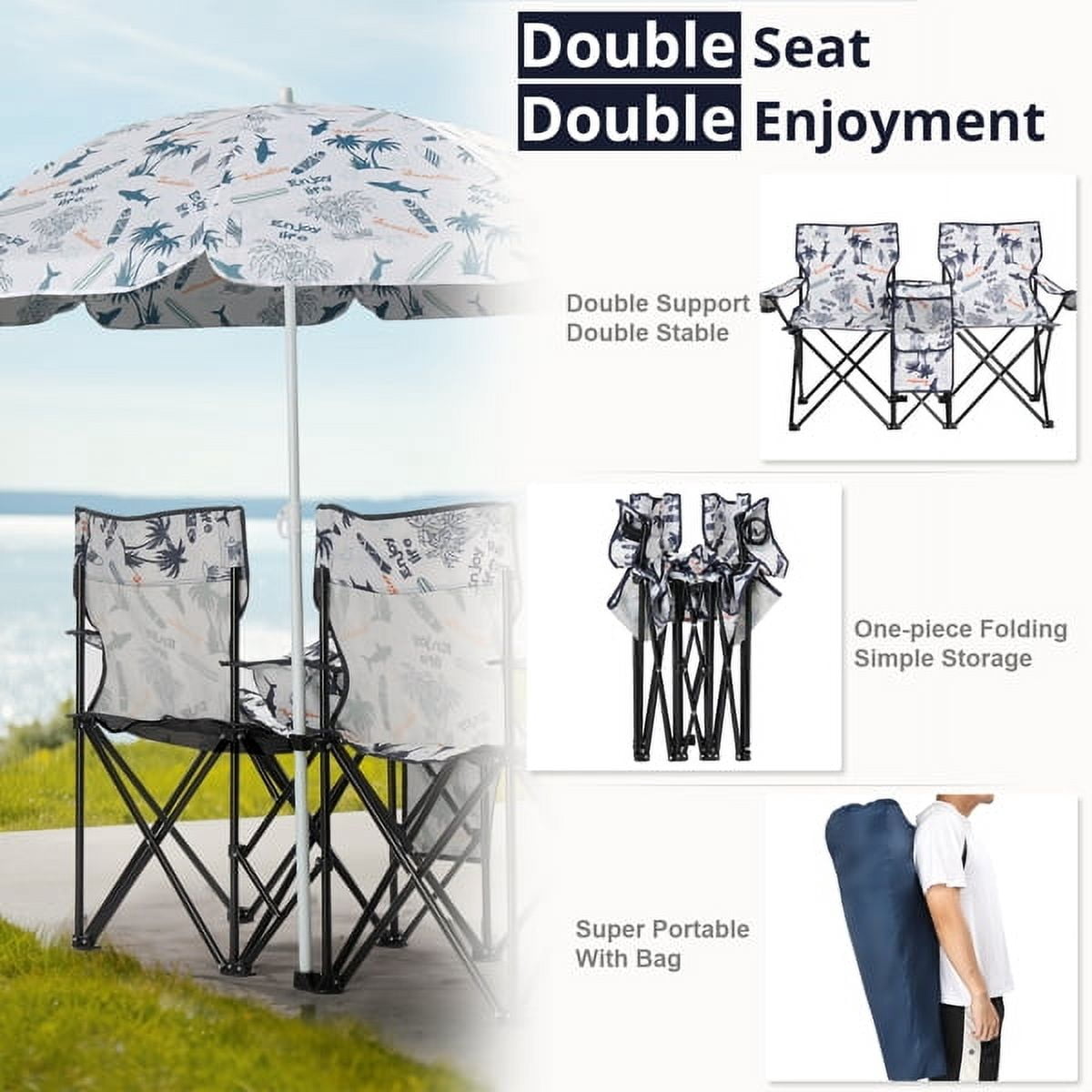 Alvantor 2-Seat Folding Chair with Removable Umbrella for Beach, Camping and Fishing