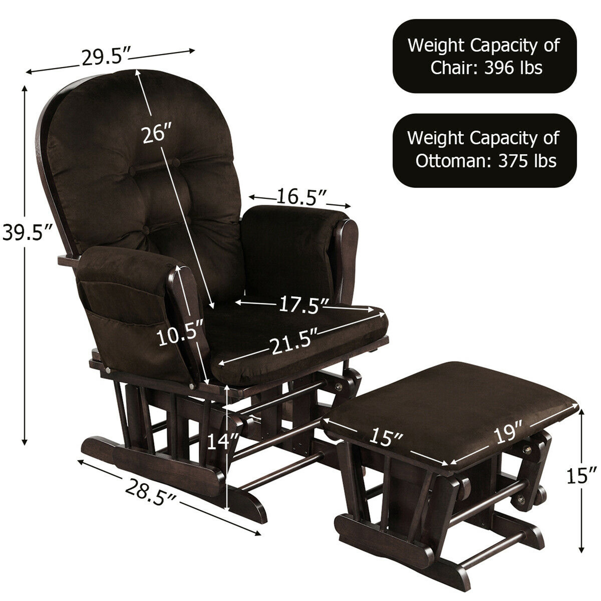Gymax Wood Baby Nursery Rocking Chair Glider and Ottoman Cushion Set Brown