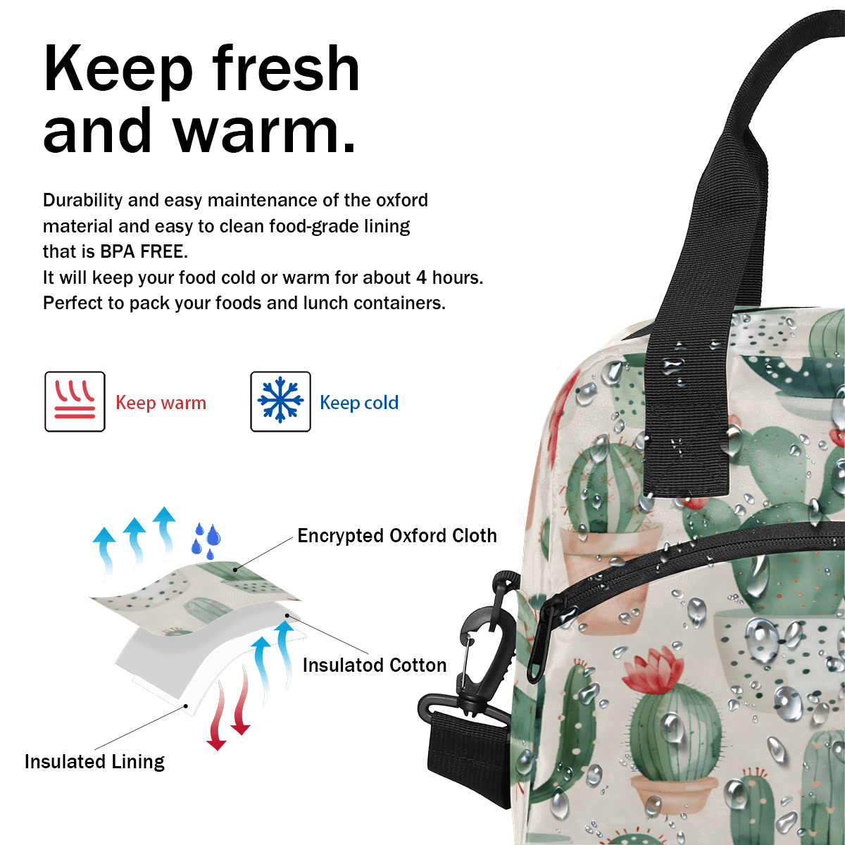 Herdesigns Cactus Insulated Lunch Bag for Women Men Adults Large Reusable Lunch Box Leakproof Portable Cooler Tote Bags with Adjustable Shoulder Strap