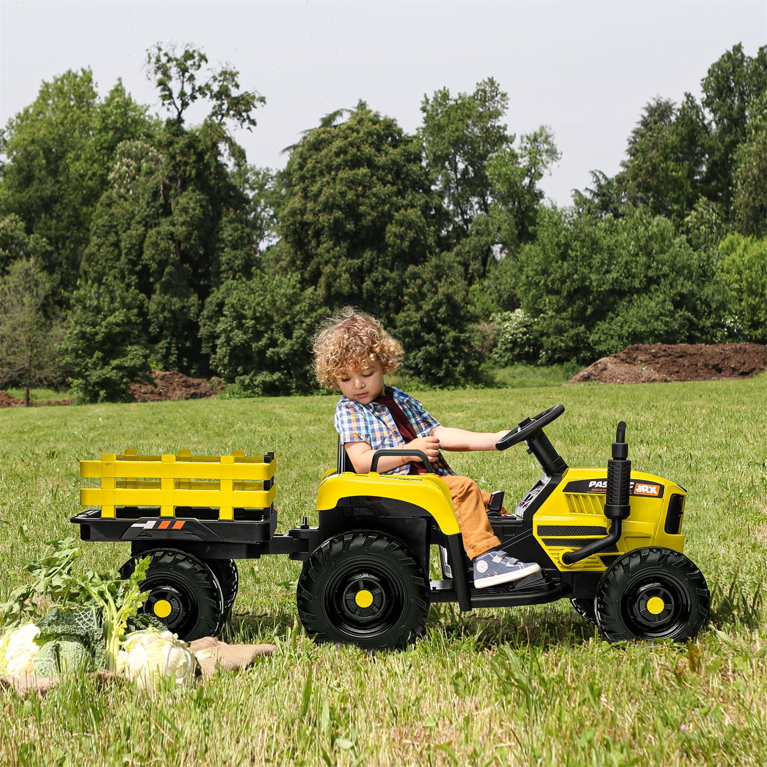 CIPACHO 12V Ride On Tractor with Trailer, Electric Kids Car with 2.4RC, 3 Speed Adjustable, USB, MP3, Power Display, 2 Point Safety Belt, Yellow CIPACHO 12V Ride On Tractor with Trailer, Electric Kids Car with 2.4RC, 3 Speed Adjustable, USB, MP3, Power Display, 2 Point Safety Belt, Yellow