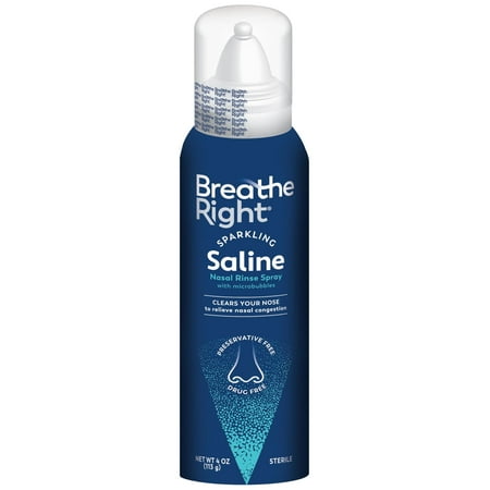 Breathe Right Sparkling Saline Nasal Rinse Spray – Effervescent, Drug-Free Relief from Stuffy Nose Due to Cold or Allergy, 1 Can, 4 0z