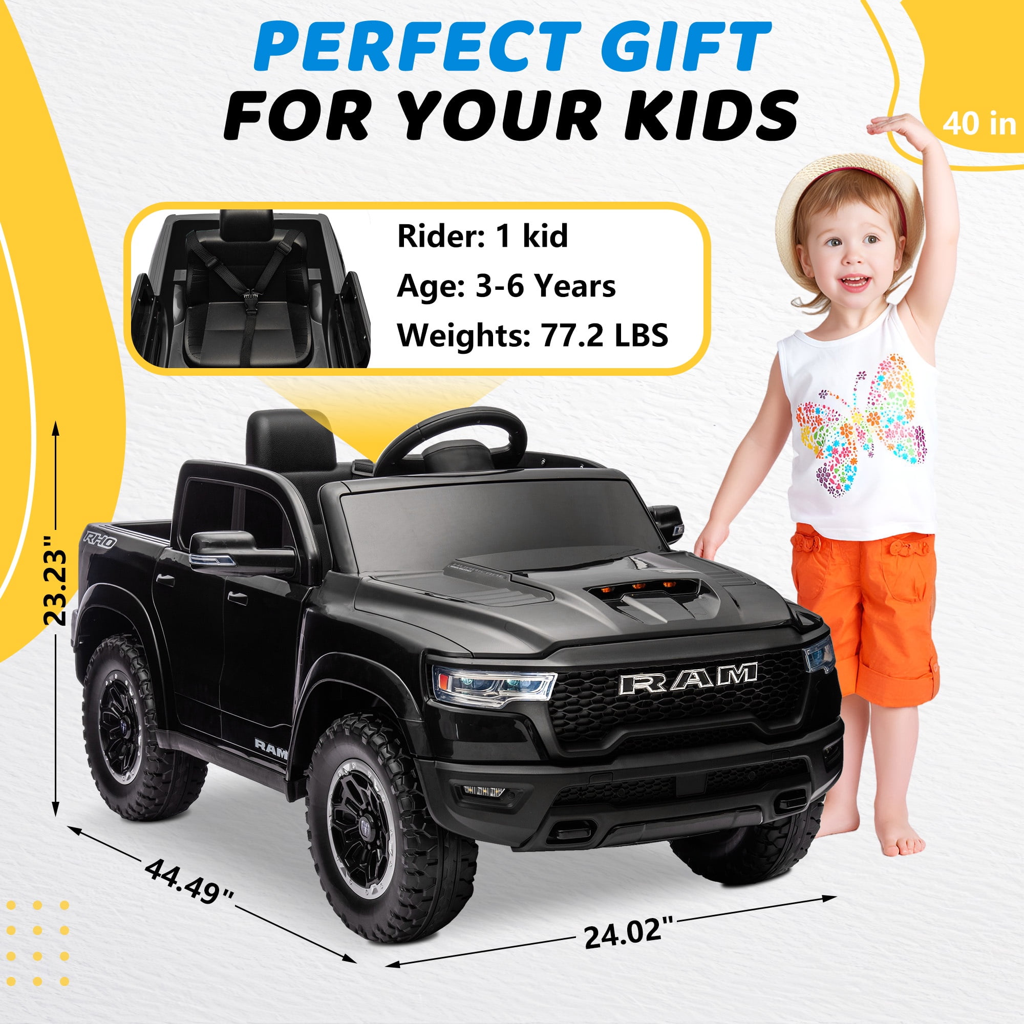 RAM 1500 Ride on Car Toy for Kids, 12V Powered Ride on Truck Toy with Remote Control, 4 Wheel Suspension, Safety Belt, Music, Bluetooth, LED Lights, Electric Cars for 3-5 Yrs Boy Girl, Black