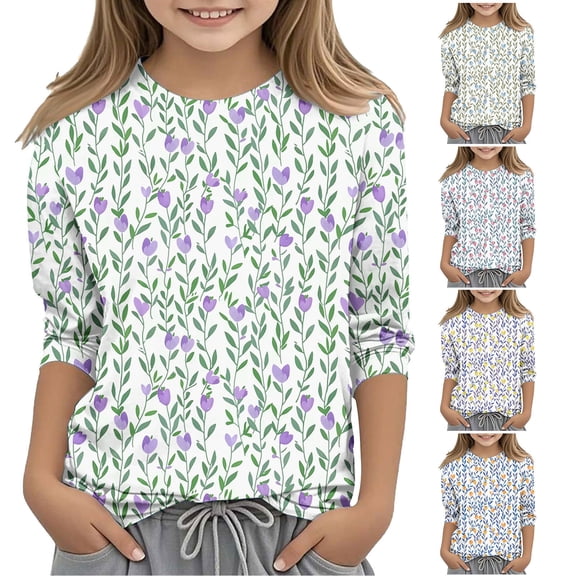 MKOSPLRT Girls Floral Shirts 3-12Y Crew Neck Boho Tops 3/4 Sleeve Lounge T Shirts Loose Fit Blouses Funny Going Out Tees