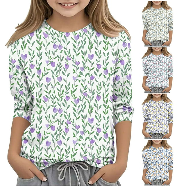 MKOSPLRT Chemises Florales pour Filles 3-12 Ans Col Rond Hauts Boho Manches 3/4 T-Shirts de Détente Coupe Ample Blouses Drôles pour Sortir