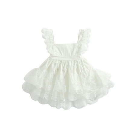 

TFFR Infant Lace Tulle Dress Baby Girls Solid Color Square Collar Fly Sleeve One-piece