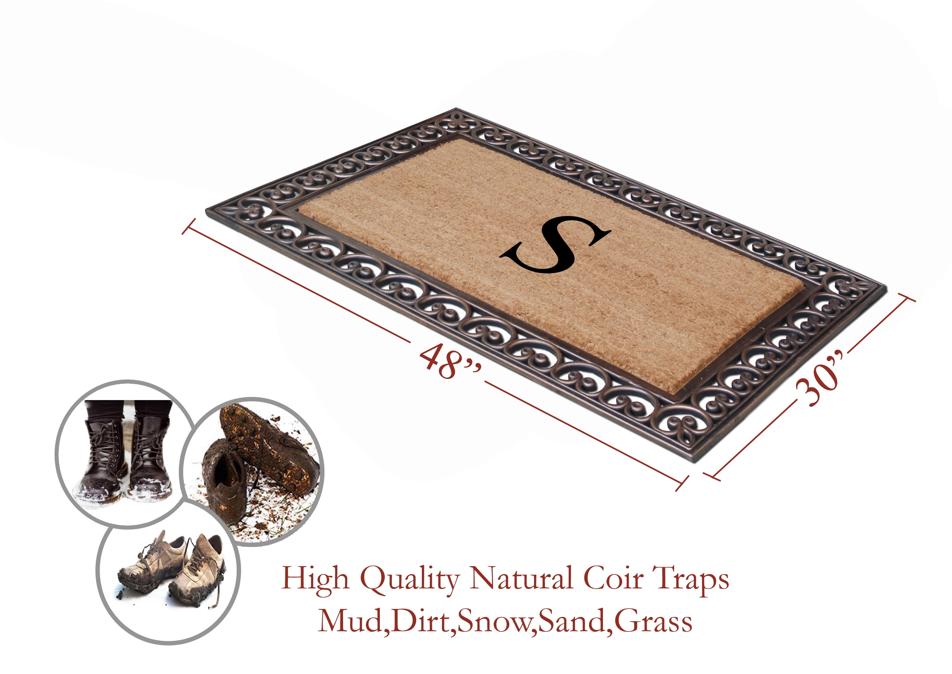 A1HC First Impression Natural Brown Rubber And Coir Classic Paisley Border Extra-large Double door Monogrammed Doormat - 30" x 48"