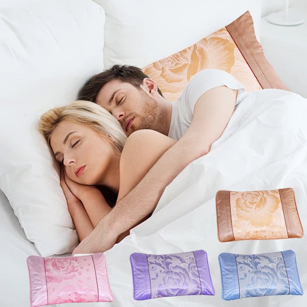 Funda de almohada de seda de hielo - Funda de almohada refrescante para verano con diseño antideslizante, tamaño estándar 74x48cm, poliéster - azul, dorado, rosa, morado
