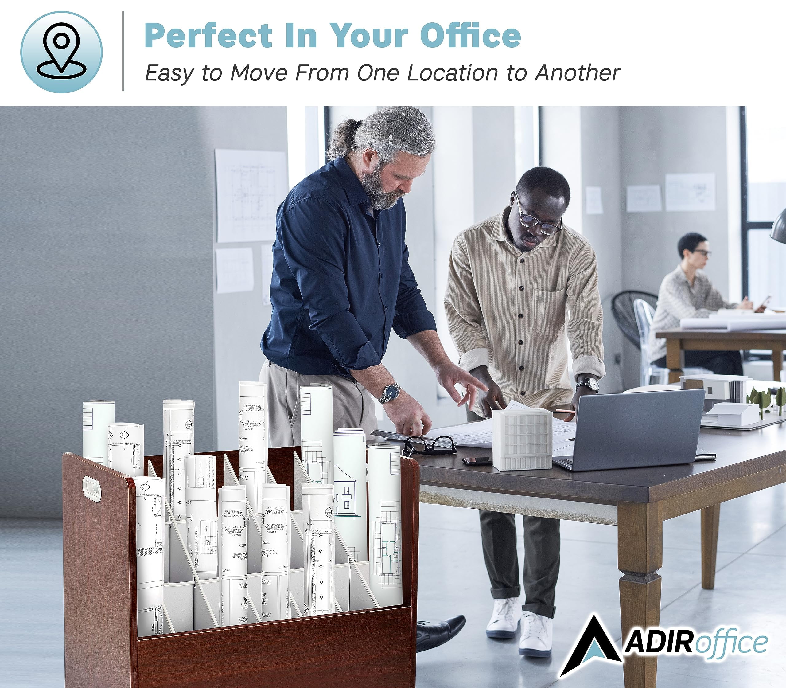 Adir Blue Print Storage Organizer - Mobile Roll File Cart, Construction Plan Holders, Blueprint Cabinet with Wheels, Roll Files Storage for Office and Home (21 Slots, Mahogany)