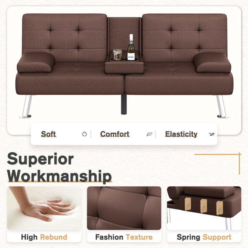 Lacoo Linen Futon Sofa Bed Modern Convertible Sleeper Couch with Removable Armrests & Cup Holders for Living Room,Small Spaces,PU Leather Brown