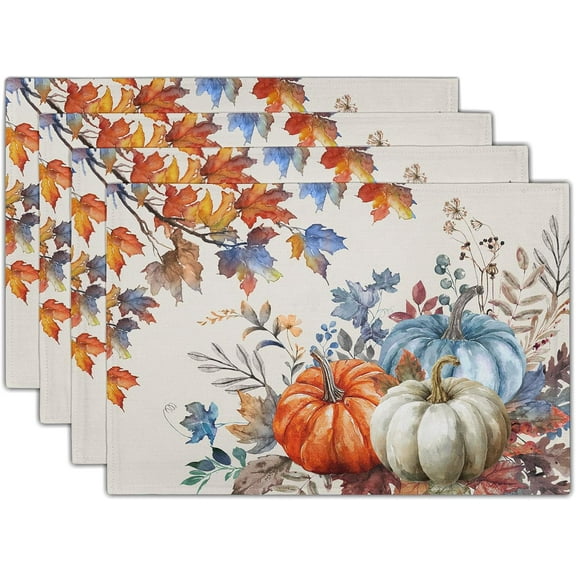 Fall Placemats Set of 4, 12 x 18 Inch Blue and Orange Pumpkin Fall Maple Leaves Washable Heat Resistant Rectangle Place Mat Thanksgiving Decor Table Mats for Seasonal Kitchen Dining