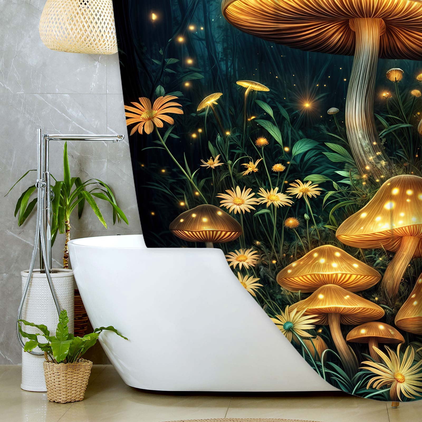 Mushroom Shower Curtain for Bathroom, Mushroom Fantasy Fairy Tale Forest Vintage Botanical Wild Plants Fantasy Fairy Tale Forest Bathroom Shower Curtain Set with Hooks,70X84